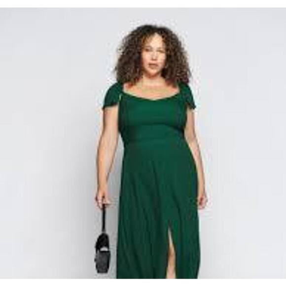 Reformation Baxley Dress Midi Length Emerald Ruched Back Front Slit Size 20 NWT - Picture 1 of 10
